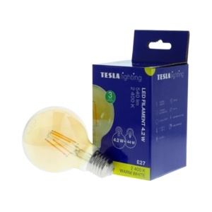 <p><strong>Becul LED glob G80 auriu vintage cu filament decorativ</strong> de la Tesla este un bec modern cu soclu E27